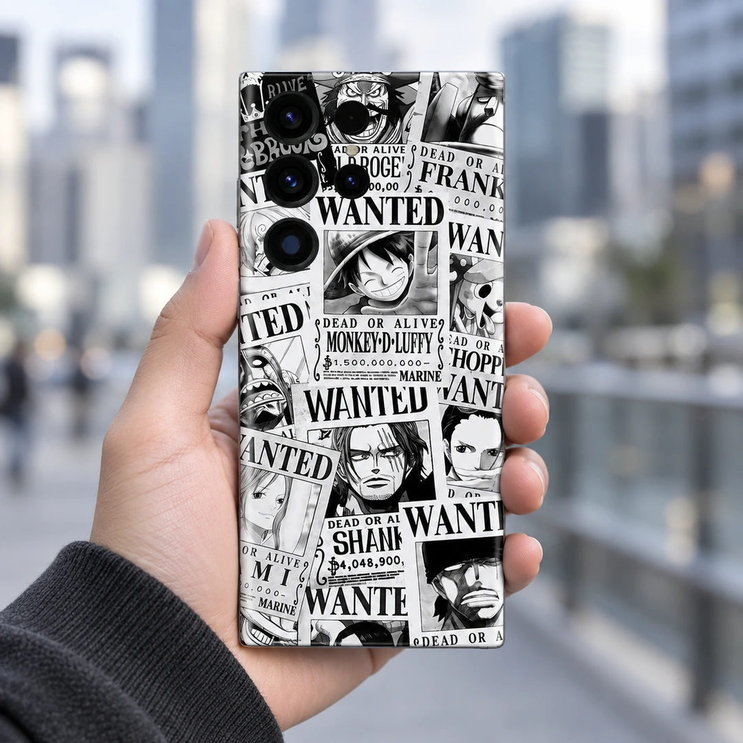 One Piece Wanted Poster Mobile Skin – city handheld Black and white One Piece wanted poster mobile skin with Luffy and Shanks, city handheld