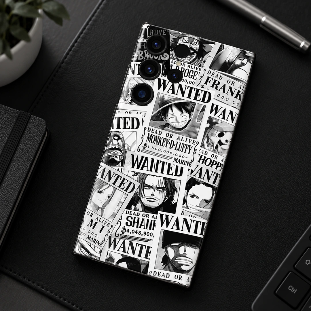 One Piece Wanted Poster Mobile Skin – desk flatlay Black and white One Piece wanted poster mobile skin with Luffy and Shanks, desk flatlay