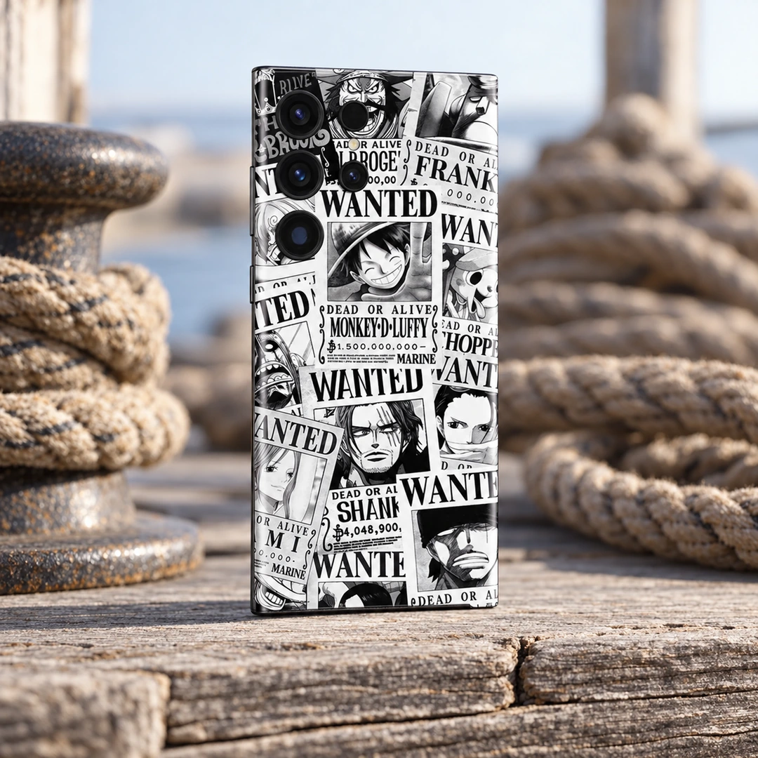 One Piece Wanted Poster Mobile Skin – nautical angle Black and white One Piece wanted poster mobile skin with Luffy and Shanks, nautical angle