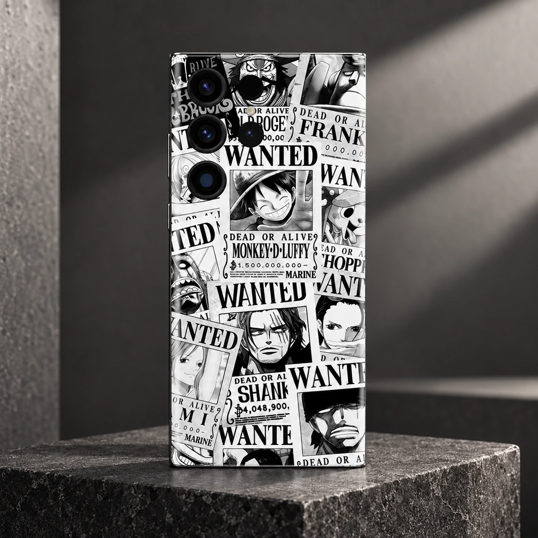 One Piece Wanted Poster Mobile Skin – studio hero Black and white One Piece wanted poster mobile skin with Luffy and Shanks, studio hero