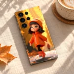 Orange hoodie girl mobile skin with golden autumn artwork, cafe view
