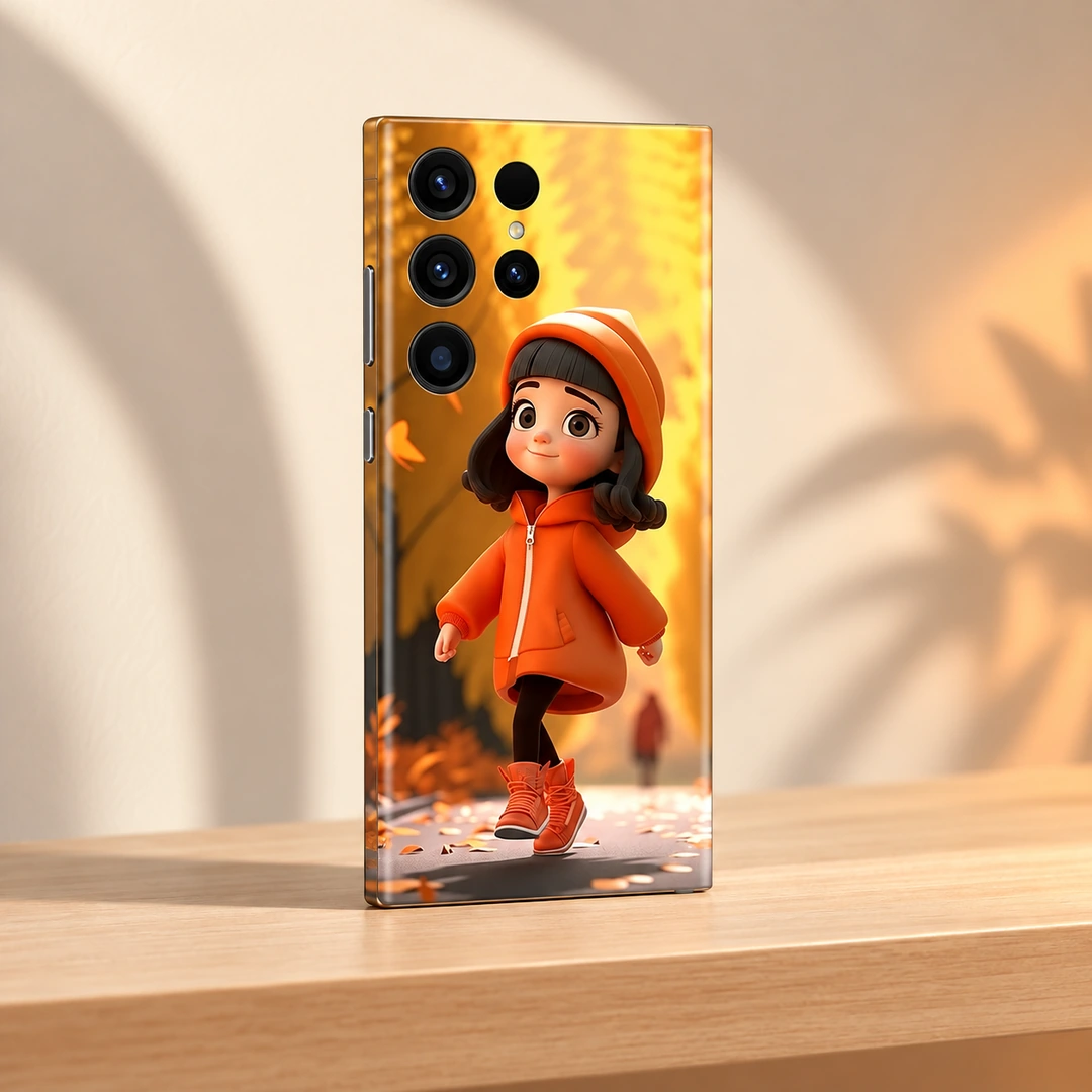 Orange Hoodie Girl Mobile Skin – studio angle Orange hoodie girl mobile skin with golden autumn artwork, studio angle view