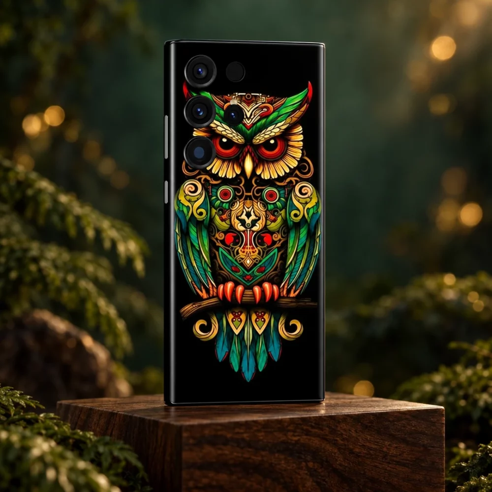 Black mobile skin with ornate green gold and red owl artwork - woodland studio hero