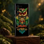 Black mobile skin with ornate green gold and red owl artwork - woodland studio hero