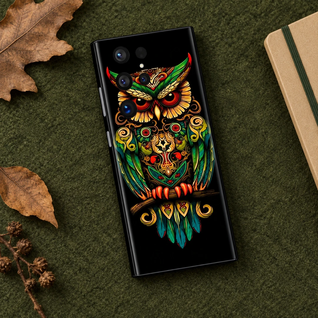 Ornate Owl Mobile Skin - Olive flat lay Black mobile skin with ornate green gold and red owl artwork - olive flat lay