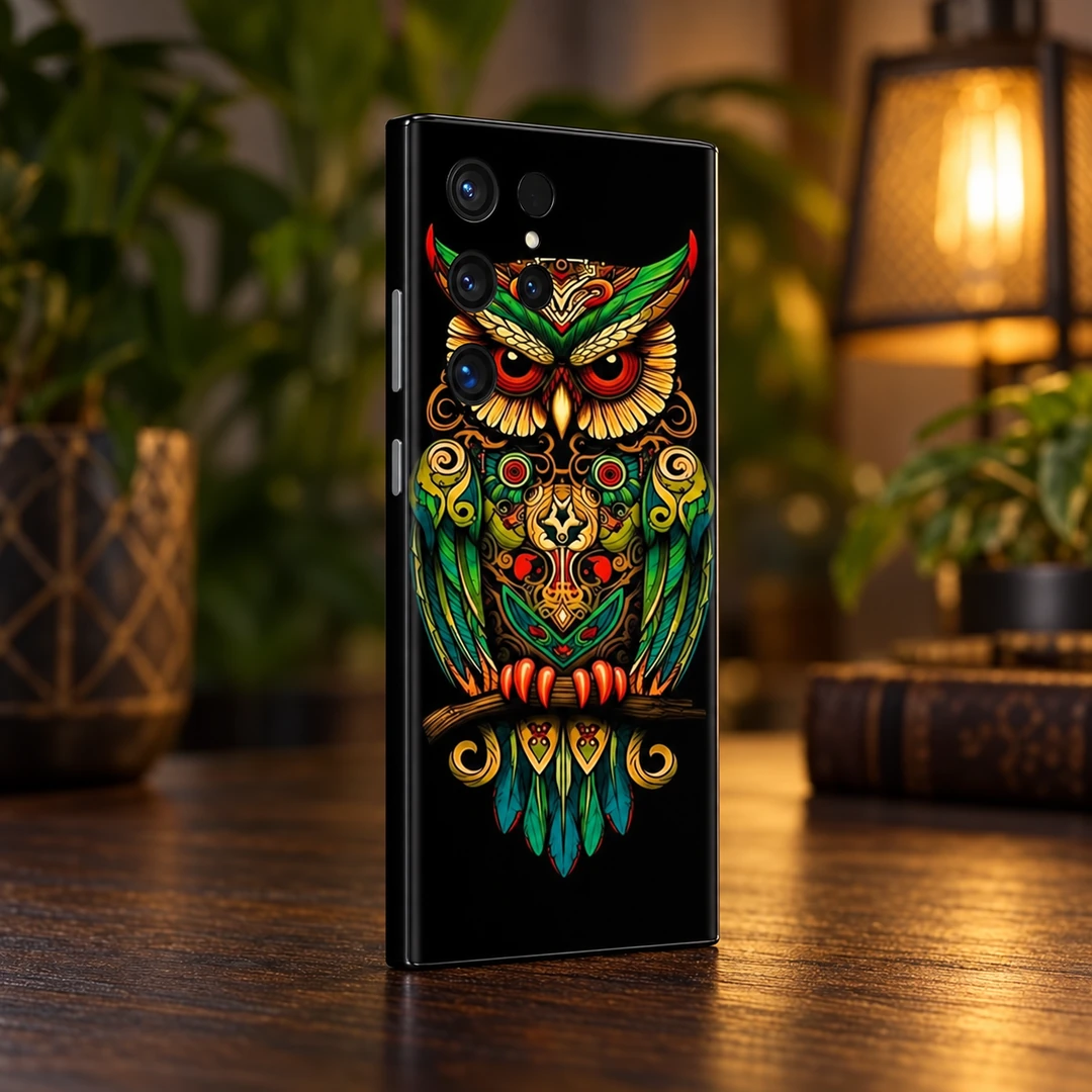 Ornate Owl Mobile Skin - Evening interior angle Black mobile skin with ornate green gold and red owl artwork - evening interior angle