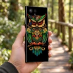 Black mobile skin with ornate green gold and red owl artwork - woodland handheld