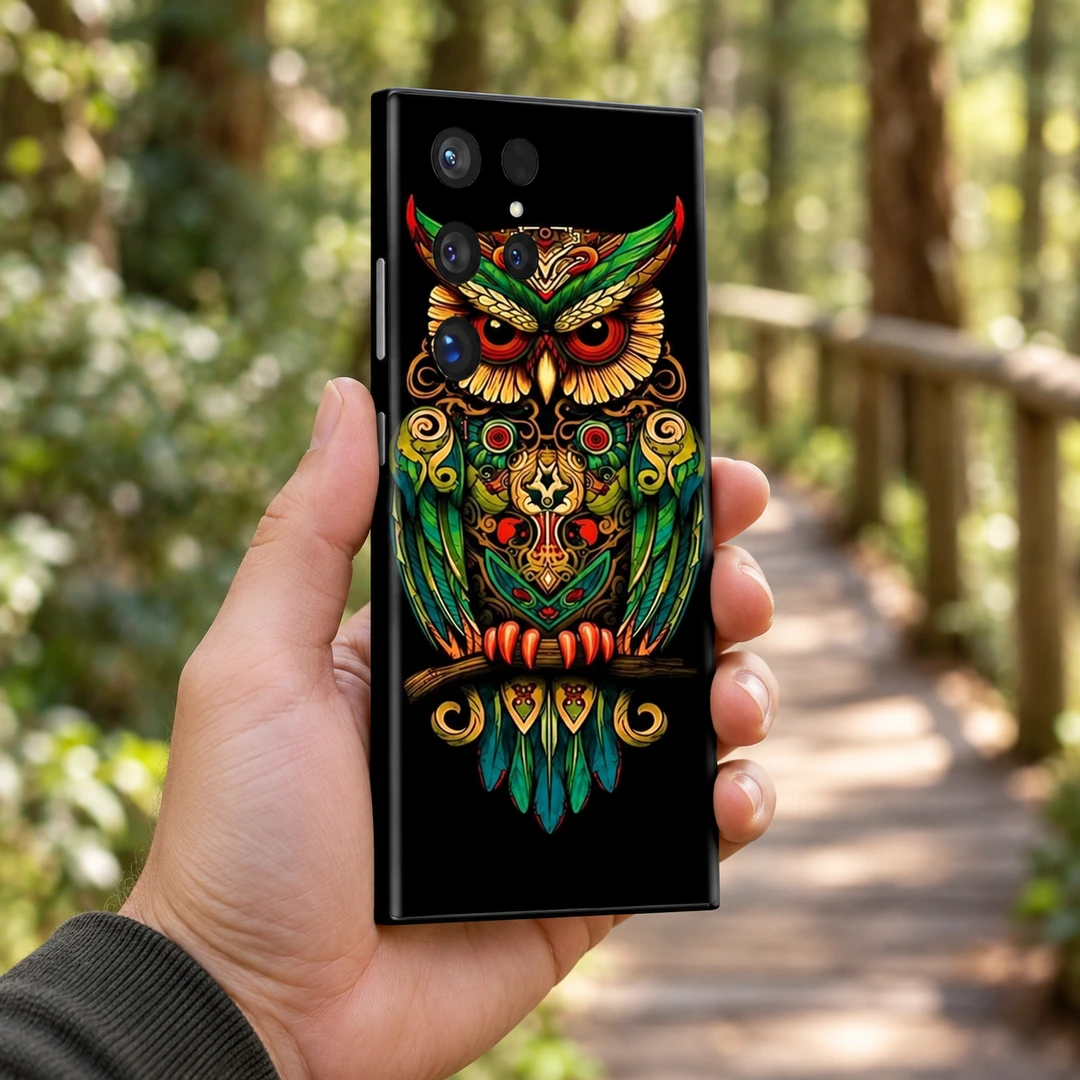 Ornate Owl Mobile Skin - Woodland handheld Black mobile skin with ornate green gold and red owl artwork - woodland handheld