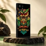Black mobile skin with ornate green gold and red owl artwork - gallery studio angle