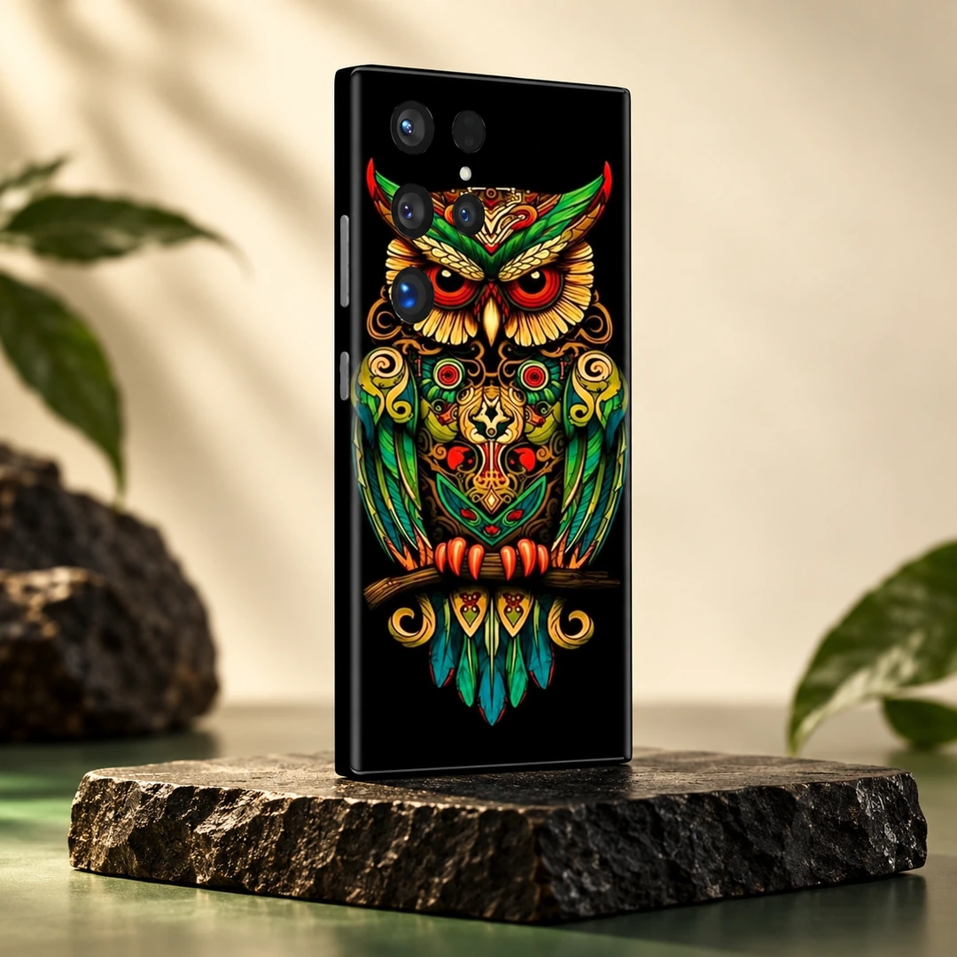 Ornate Owl Mobile Skin - Gallery studio angle Black mobile skin with ornate green gold and red owl artwork - gallery studio angle