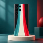 Abstract Design Mobile Skin with teal, ivory and red stripes in studio hero view