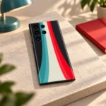 Abstract Design Mobile Skin with teal, ivory and red stripes in creative workspace view
