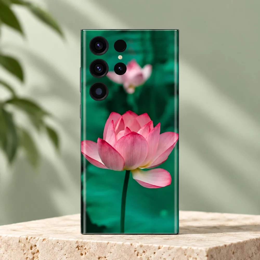 Pink Lotus Flower Mobile Skin shown in sage travertine studio hero