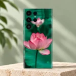 Pink Lotus Flower Mobile Skin shown in sage travertine studio hero