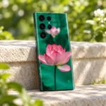 Pink Lotus Flower Mobile Skin shown in botanical garden rear angle