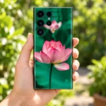 Pink Lotus Flower Mobile Skin shown in garden handheld view