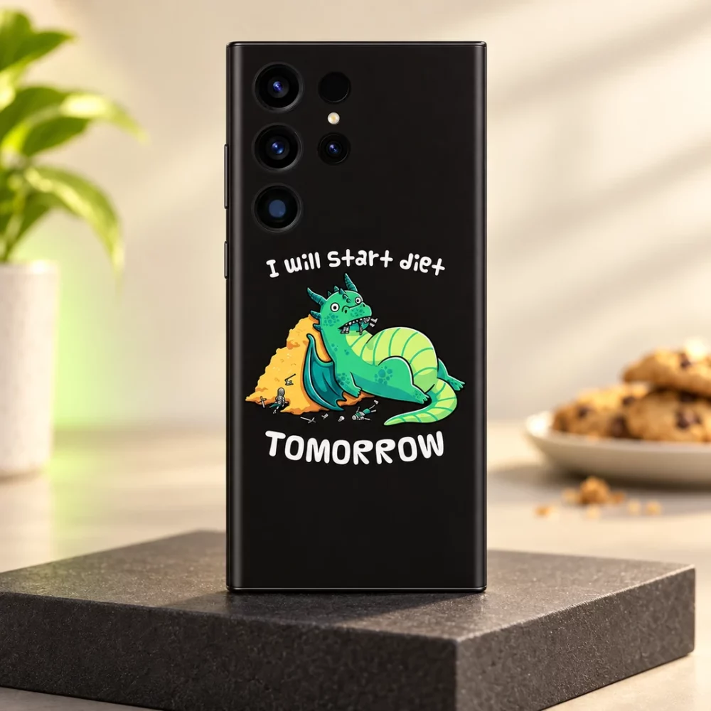 Black Procrastination Dragon mobile skin with green dragon and I will start diet TOMORROW quote - studio hero