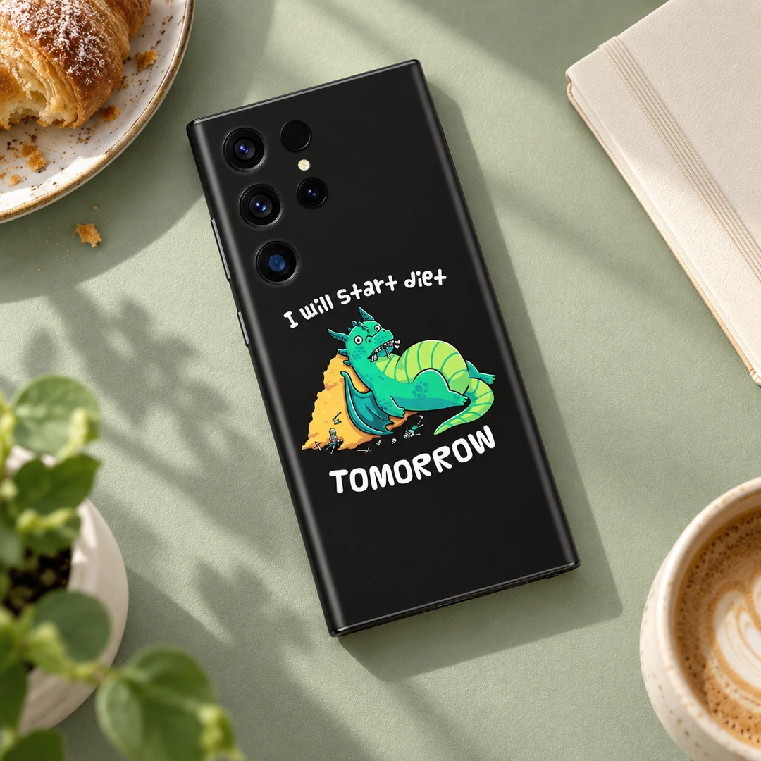 Procrastination Dragon Mobile Skin - Cafe flat lay Black Procrastination Dragon mobile skin with green dragon and I will start diet TOMORROW quote - cafe flat lay