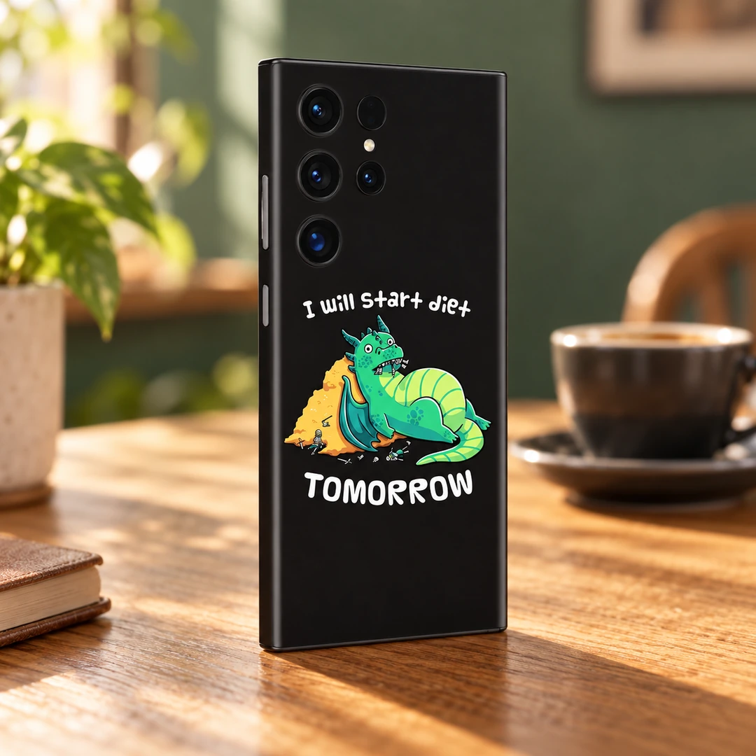 Procrastination Dragon Mobile Skin - Warm cafe angle Black Procrastination Dragon mobile skin with green dragon and I will start diet TOMORROW quote - warm cafe angle
