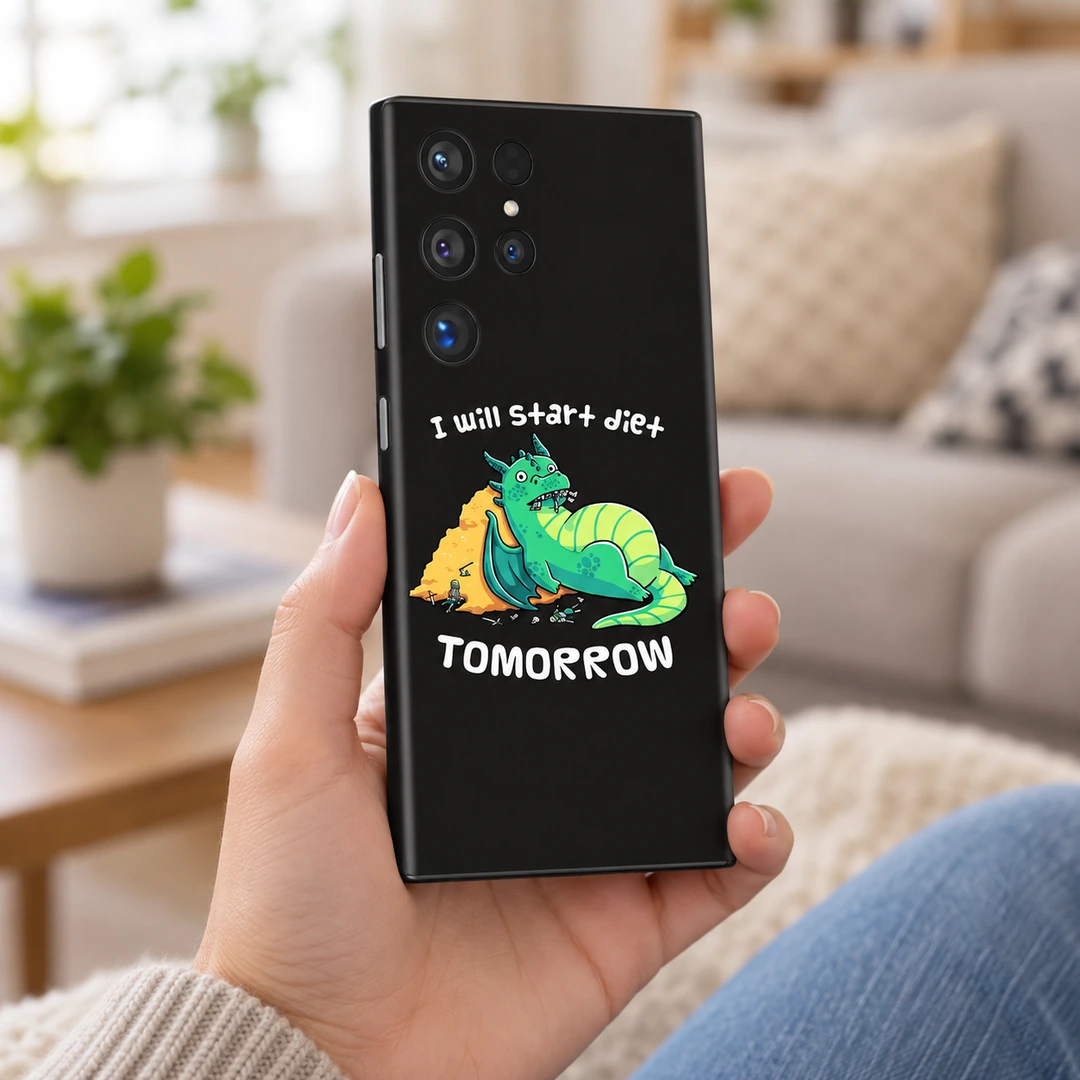 Procrastination Dragon Mobile Skin - Handheld lifestyle Black Procrastination Dragon mobile skin with green dragon and I will start diet TOMORROW quote - handheld lifestyle
