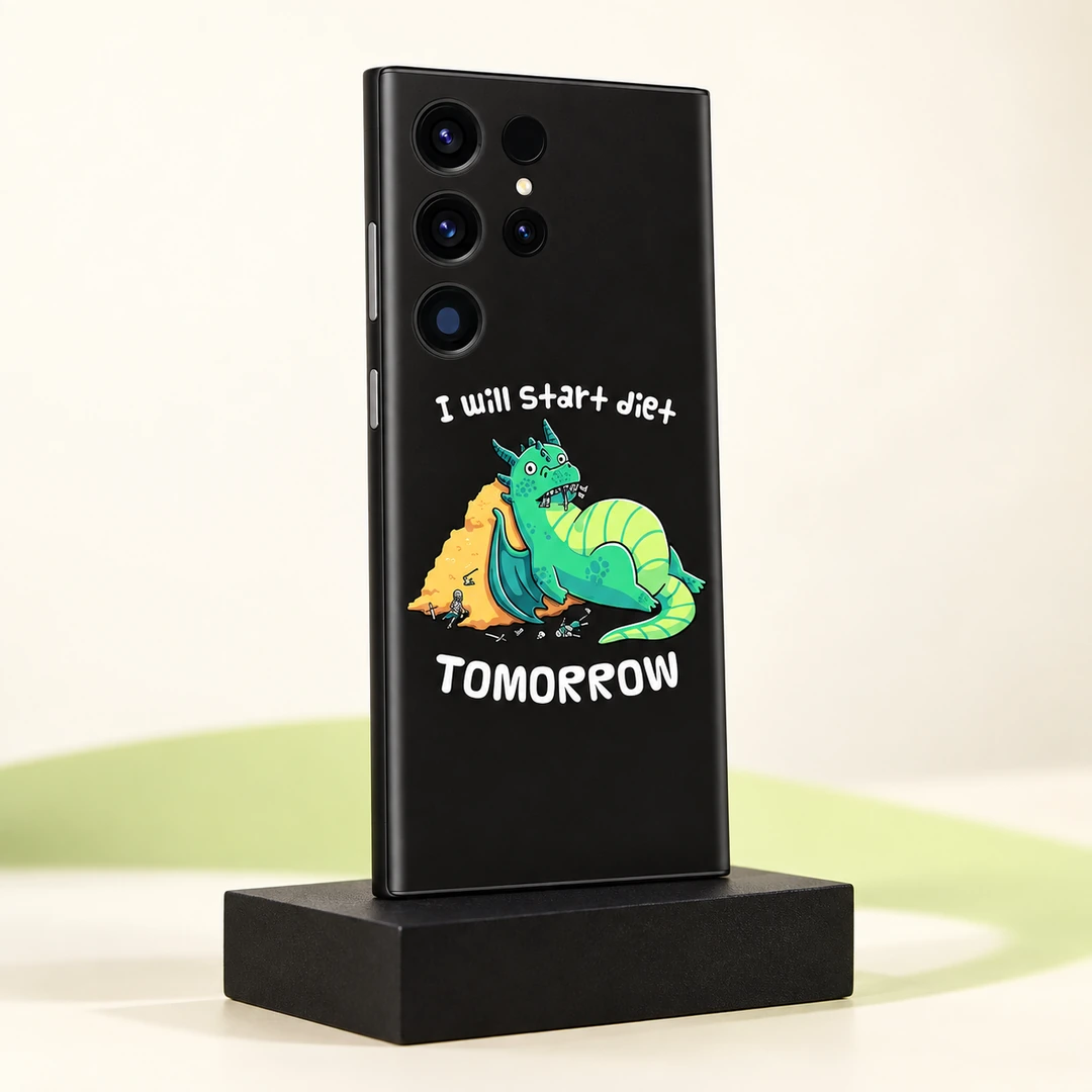 Procrastination Dragon Mobile Skin - Minimal studio angle Black Procrastination Dragon mobile skin with green dragon and I will start diet TOMORROW quote - minimal studio angle