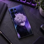 Purple Rain Anime Mobile Skin with lavender-haired character, lying on a violet-lit desk