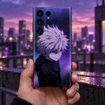Purple Rain Anime Mobile Skin with lavender-haired character, held against a dusk city backdrop