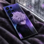 Purple Rain Anime Mobile Skin with lavender-haired character, lying beside a rainy window