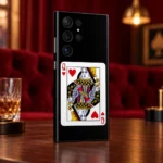 Black Queen of Hearts Card mobile skin, lounge tabletop angle