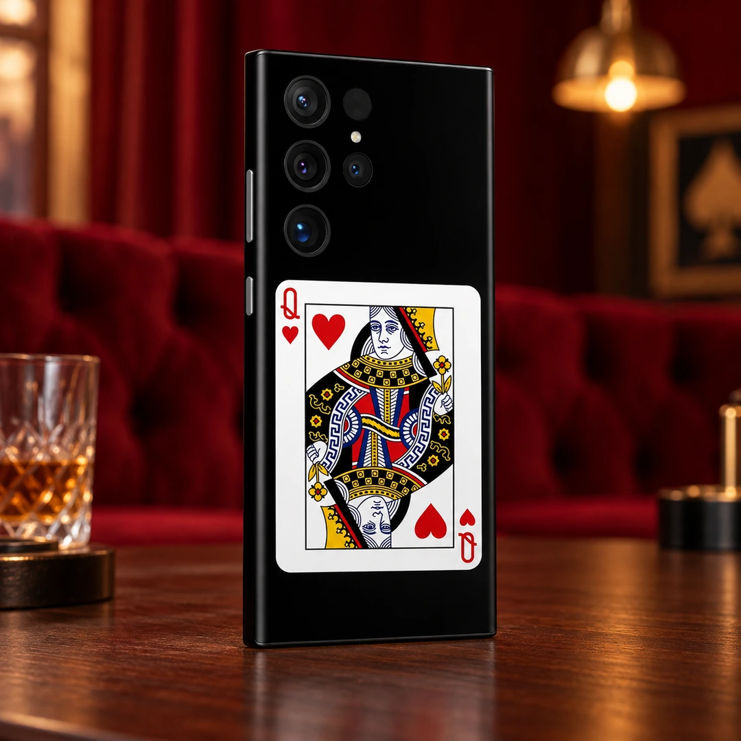 Queen of Hearts Card Mobile Skin – lounge tabletop angle Black Queen of Hearts Card mobile skin, lounge tabletop angle