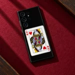 Black Queen of Hearts Card mobile skin, red felt flat lay