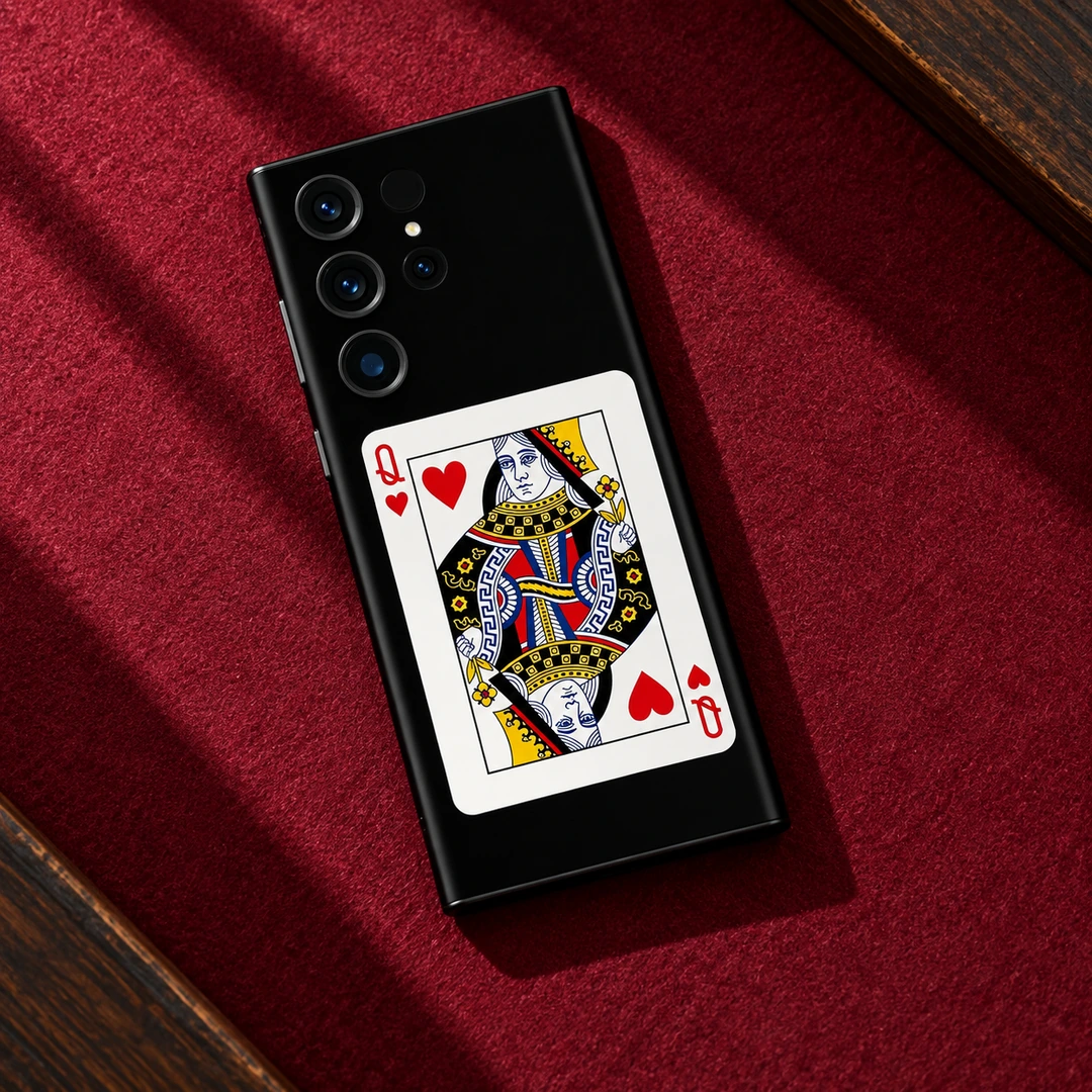 Queen of Hearts Card Mobile Skin – red felt flat lay Black Queen of Hearts Card mobile skin, red felt flat lay