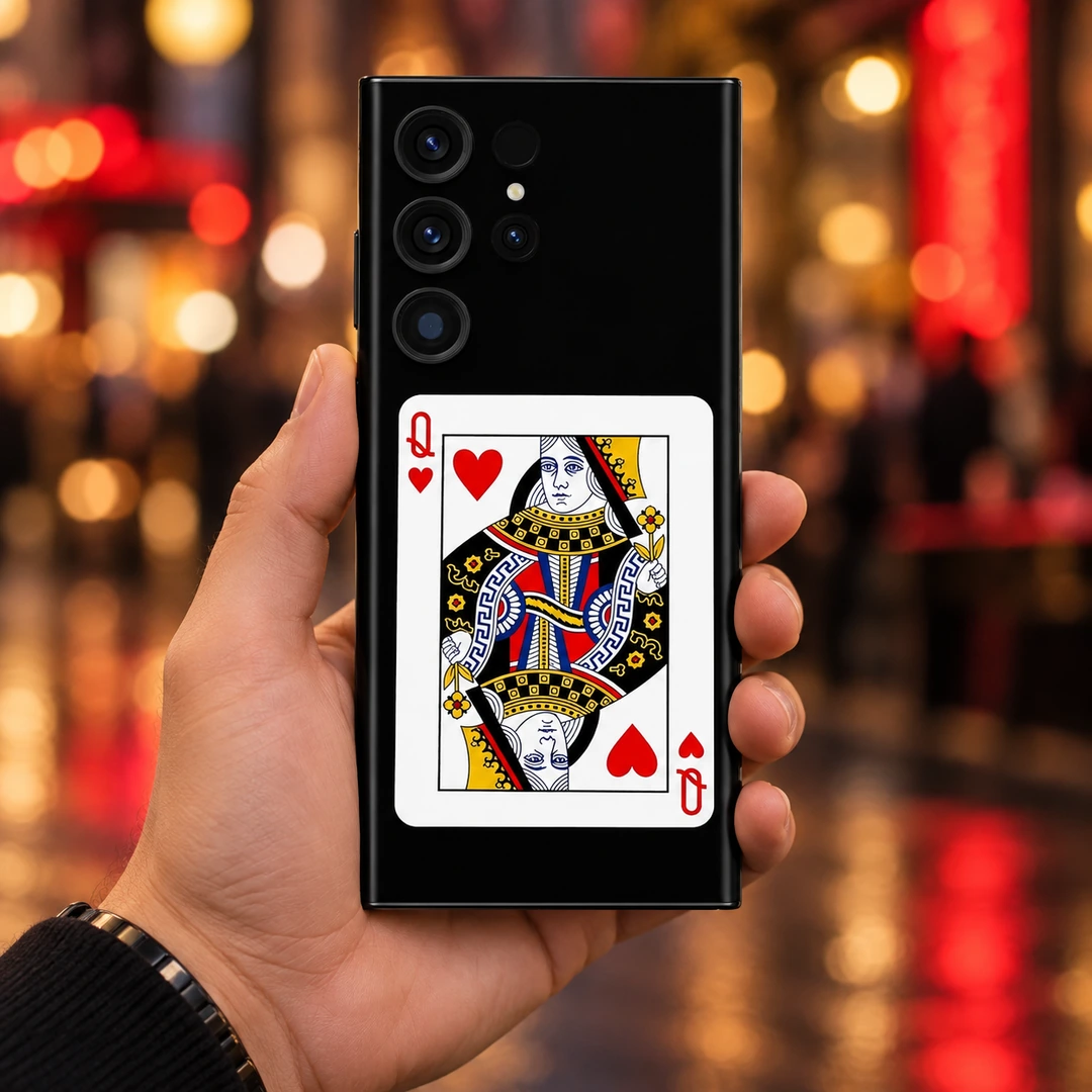 Queen of Hearts Card Mobile Skin – evening handheld view Black Queen of Hearts Card mobile skin, evening handheld view