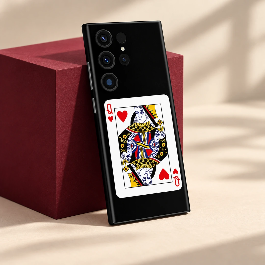 Queen of Hearts Card Mobile Skin – cream studio angle Black Queen of Hearts Card mobile skin, cream studio angle