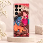 Radha Krishna mobile skin with colourful flute illustration and lotus pond, cream studio hero