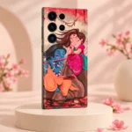Radha Krishna mobile skin with colourful flute illustration and lotus pond, blush studio angle