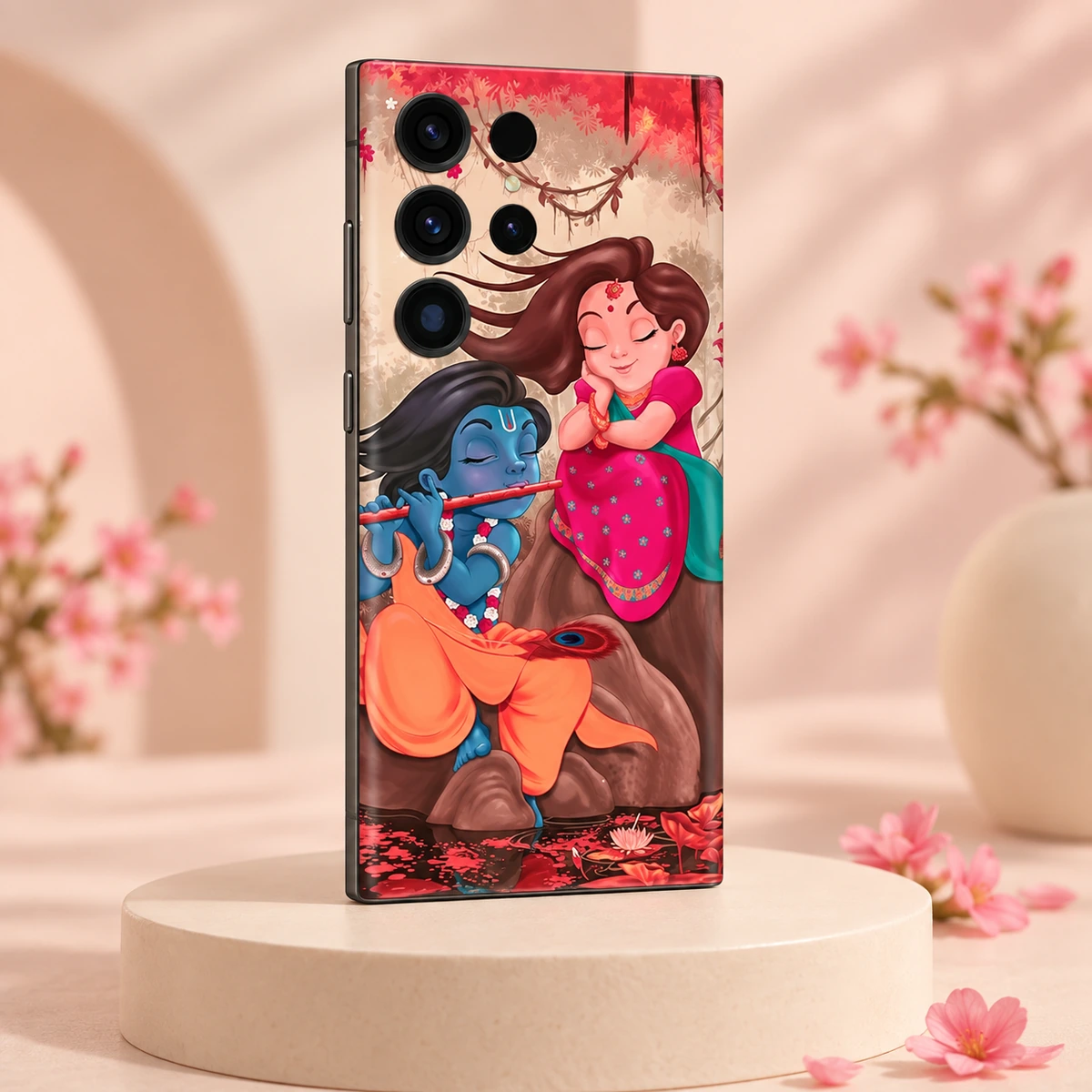 Radha Krishna Lotus Pond Mobile Skin - Blush studio angle Radha Krishna mobile skin with colourful flute illustration and lotus pond, blush studio angle