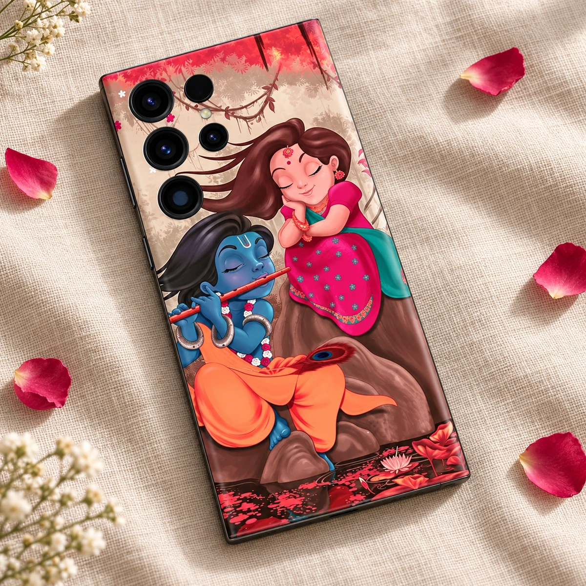 Radha Krishna Lotus Pond Mobile Skin - Linen flat lay Radha Krishna mobile skin with colourful flute illustration and lotus pond, linen flat lay