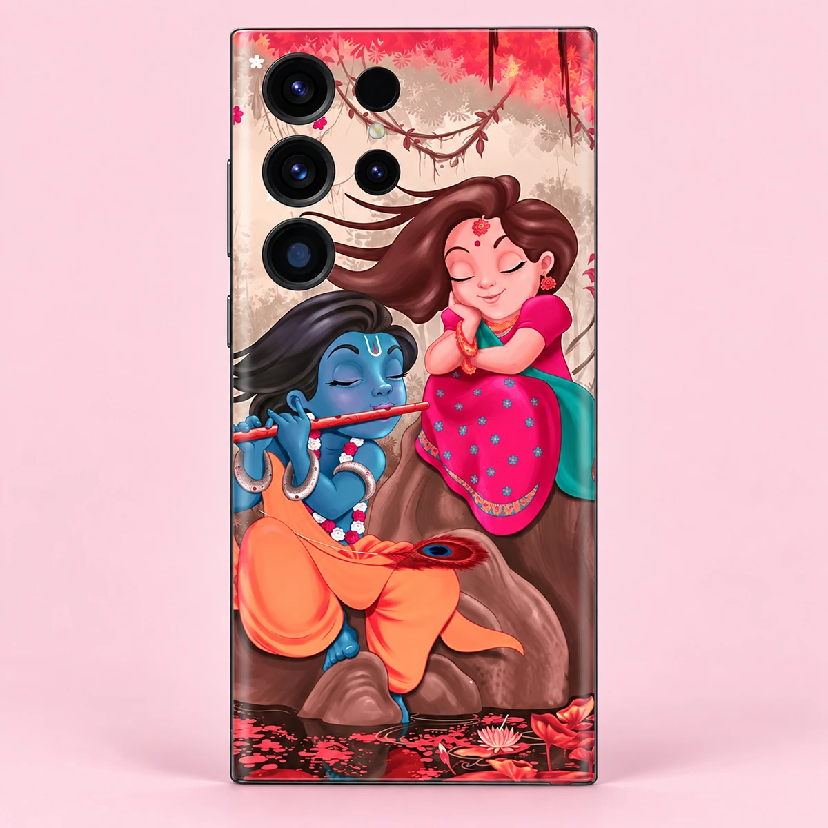 Radha Krishna Lotus Pond Mobile Skin - Portrait artwork view Radha Krishna mobile skin with colourful flute illustration and lotus pond, portrait artwork view