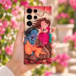 Radha Krishna mobile skin with colourful flute illustration and lotus pond, garden in-hand