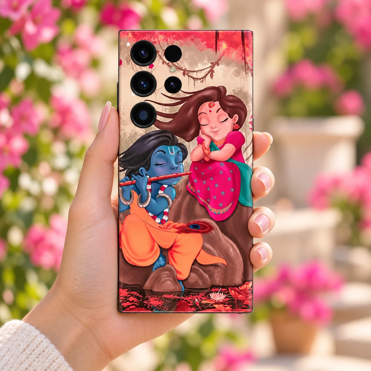Radha Krishna Lotus Pond Mobile Skin - Garden in-hand Radha Krishna mobile skin with colourful flute illustration and lotus pond, garden in-hand