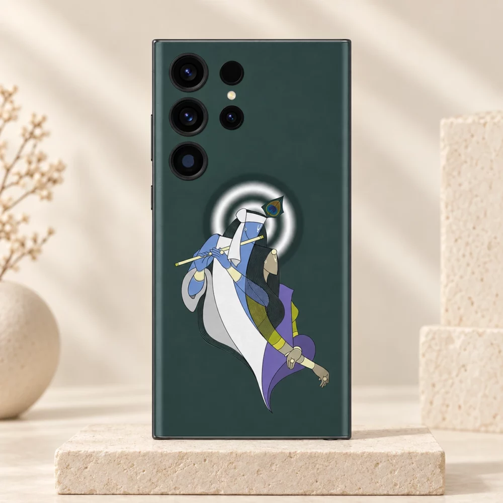 Radha Krishna mobile skin with minimal flute illustration and white halo on muted green, ivory studio hero