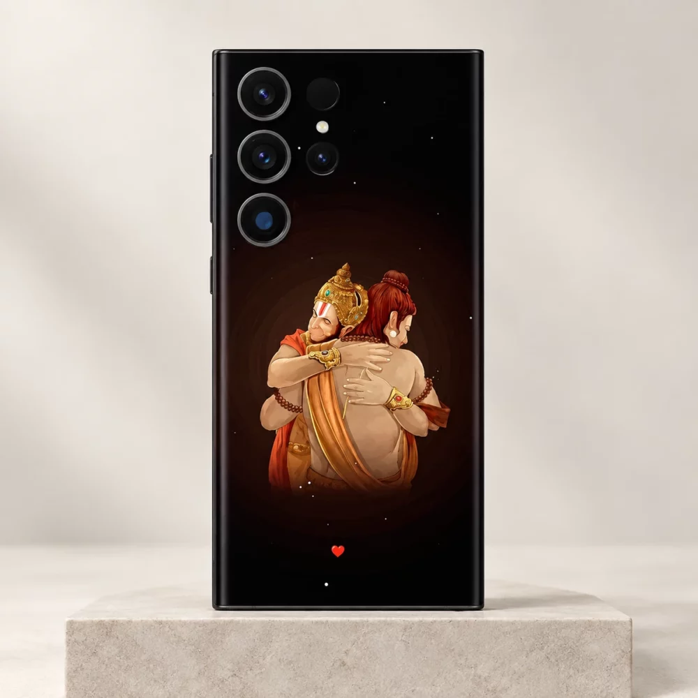 Ram and Hanuman embrace mobile skin with warm illustration and small red heart on black, ivory studio hero