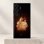 Ram and Hanuman embrace mobile skin with warm illustration and small red heart on black, ivory studio hero