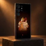 Ram and Hanuman embrace mobile skin with warm illustration and small red heart on black, amber studio angle
