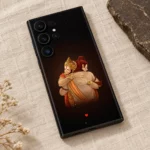 Ram and Hanuman embrace mobile skin with warm illustration and small red heart on black, linen flat lay
