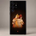 Ram and Hanuman embrace mobile skin with warm illustration and small red heart on black, embrace detail