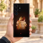 Ram and Hanuman embrace mobile skin with warm illustration and small red heart on black, courtyard in-hand