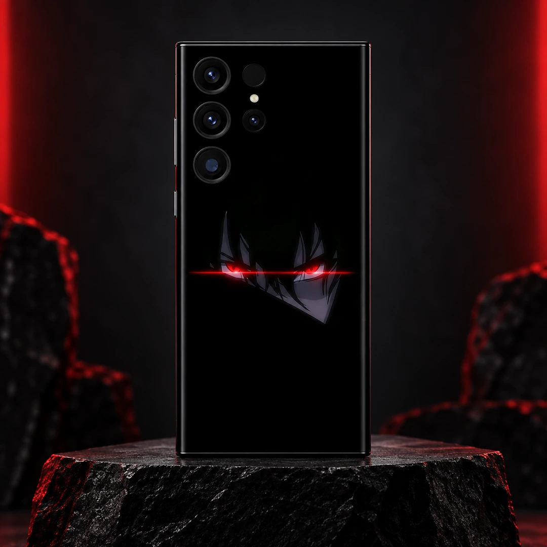 Red Anime Eyes Black Mobile Skin - Crimson black stone hero Red Anime Eyes Black Mobile Skin shown upright on black stone with subtle red studio lighting