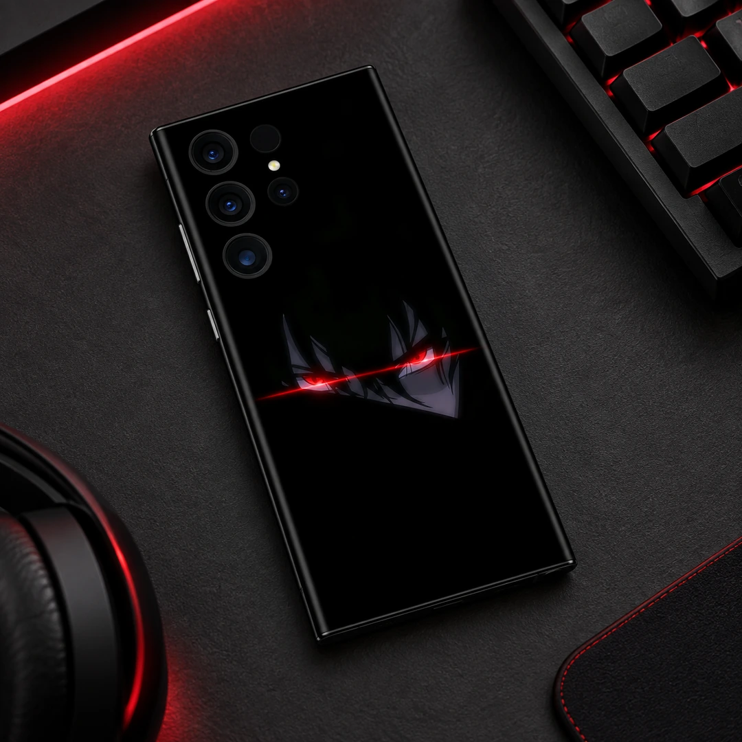 Red Anime Eyes Black Mobile Skin - Gaming desk flat lay Red Anime Eyes Black Mobile Skin shown diagonally on a charcoal gaming desk